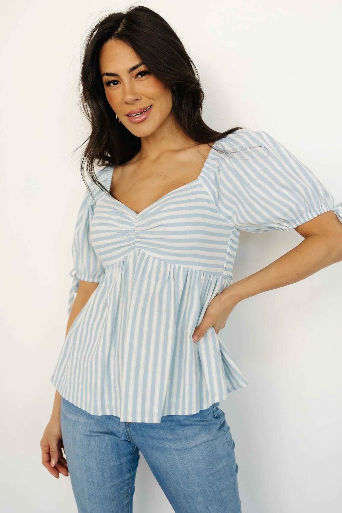 Betsy Peplum Top | Blue + White Stripe - Jamouz