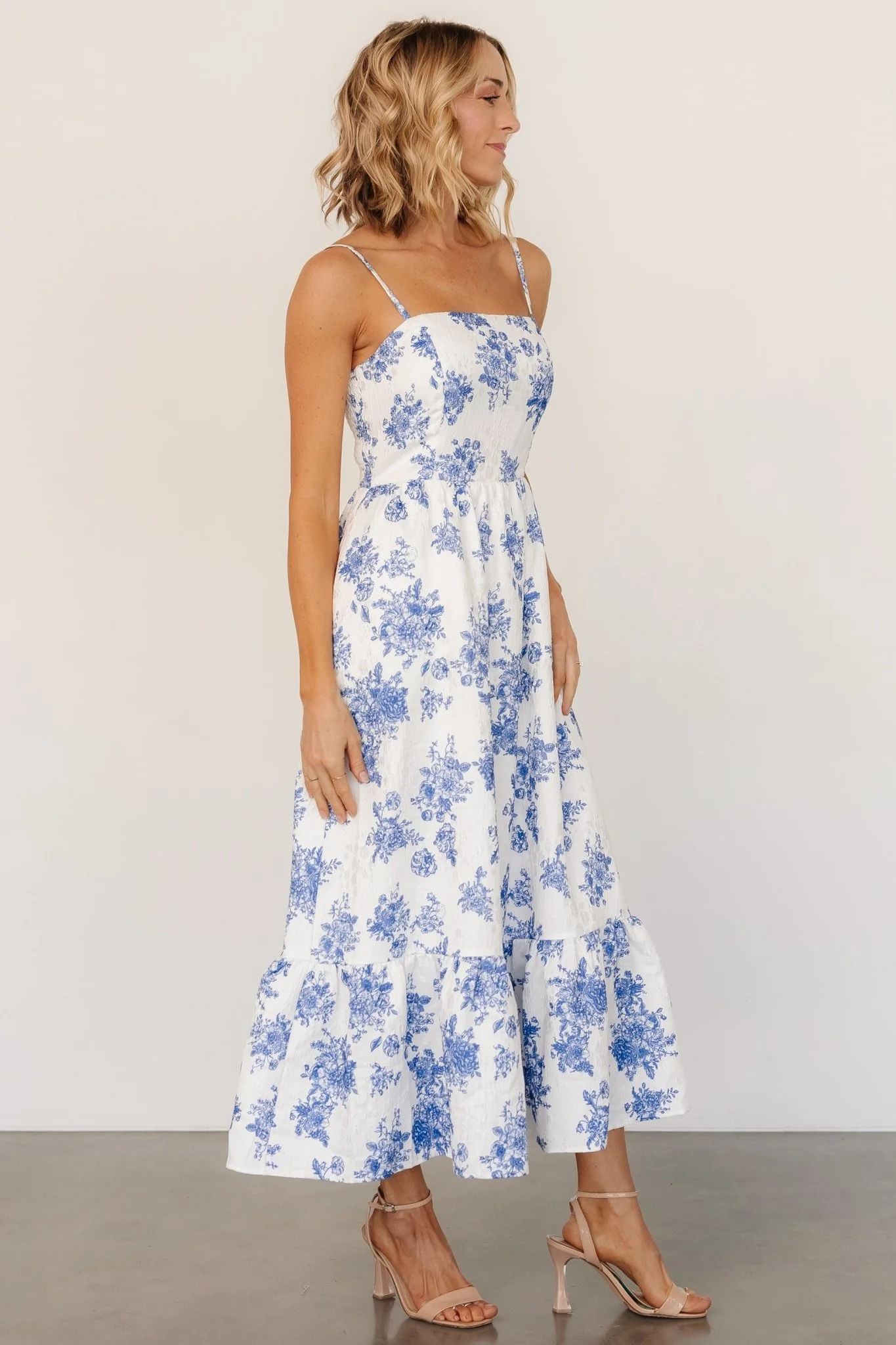 Cherie Jacquard Dress | Off White + Blue Floral - Jamouz