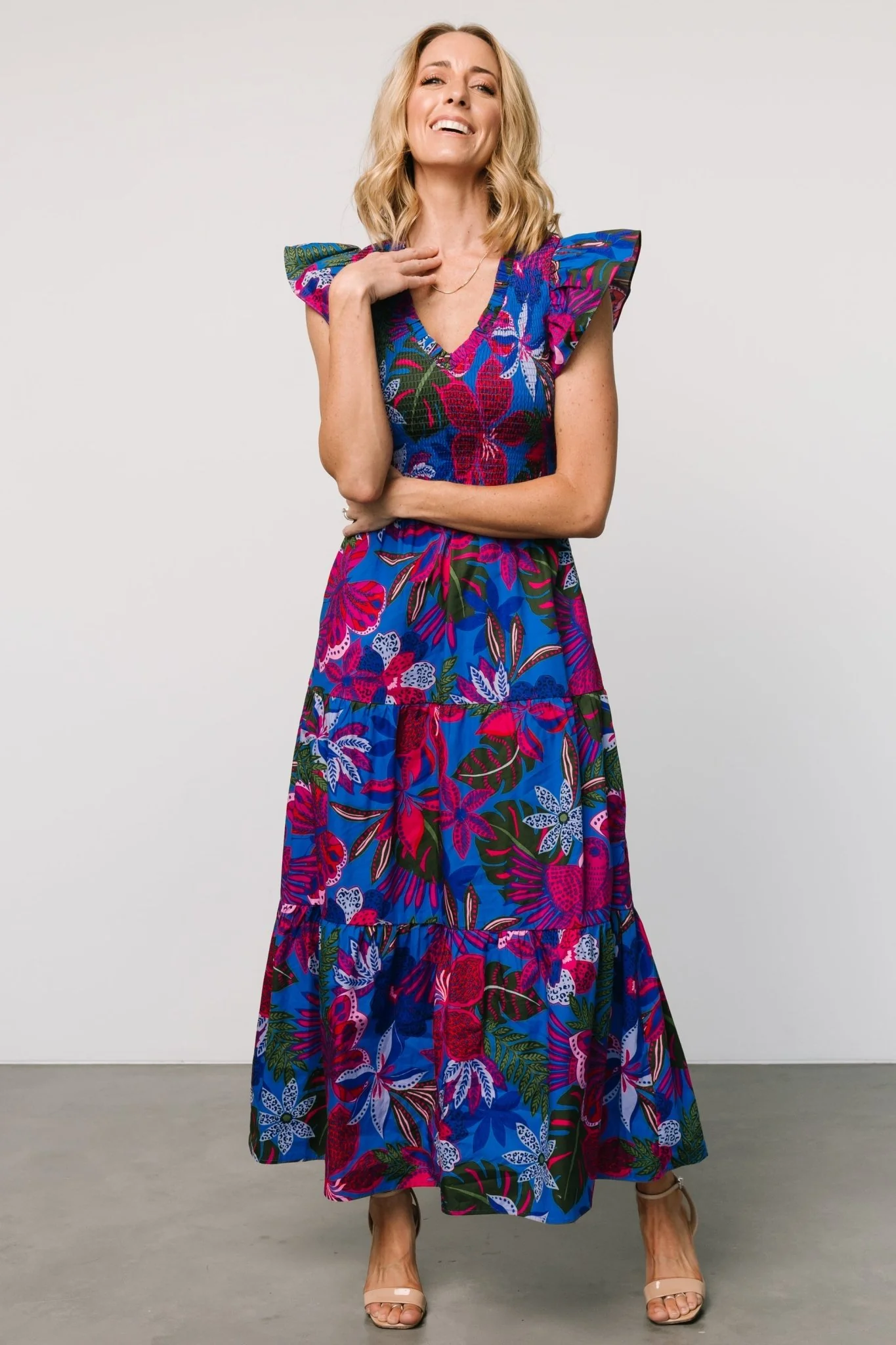Ranchero Smocked Maxi Dress | Cobalt + Fuchsia Print - Jamouz