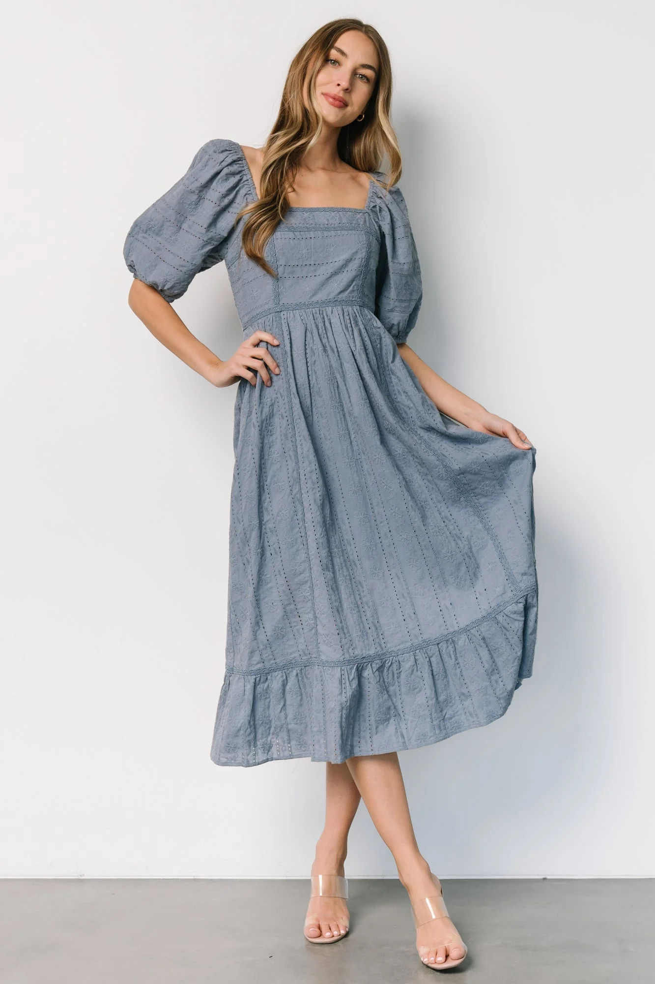Delaney Eyelet Dress | Dusty Blue - Jamouz