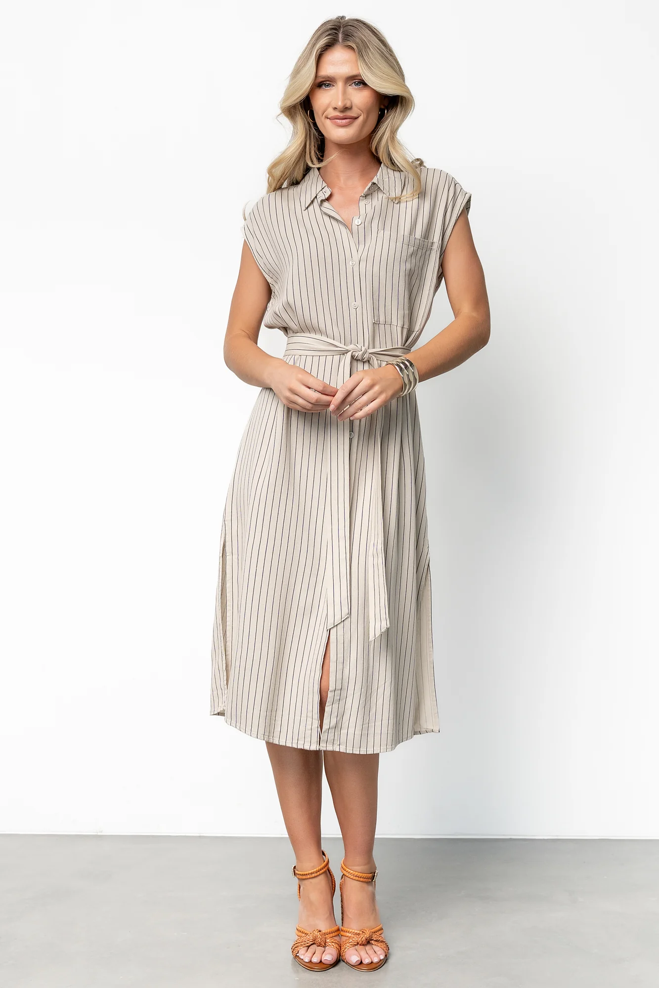 Toledo Button Up Midi Dress | Beige Stripe - Jamouz