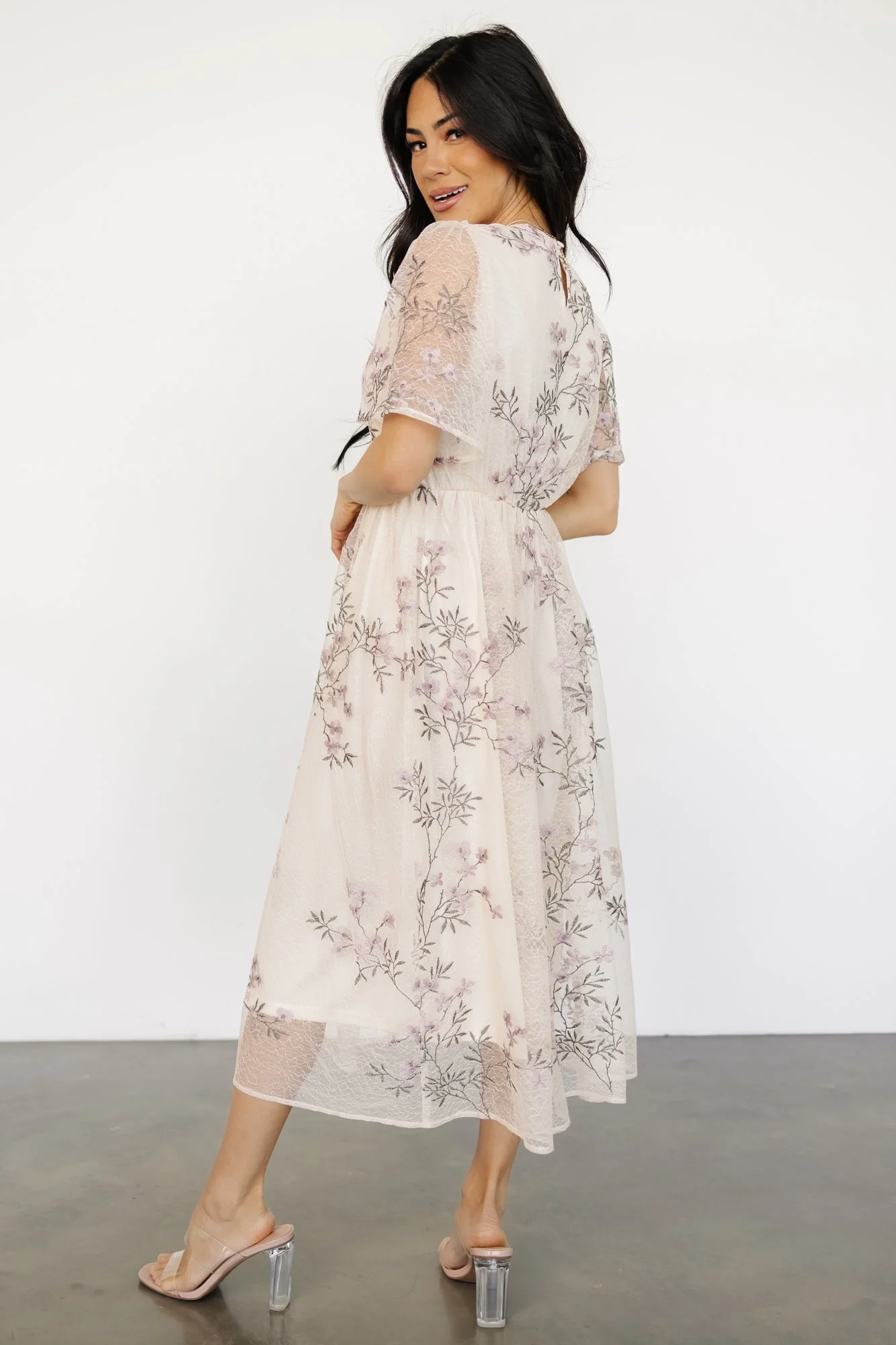 Ashlee Embroidered Midi Dress | Cream + Lavender Floral - Jamouz