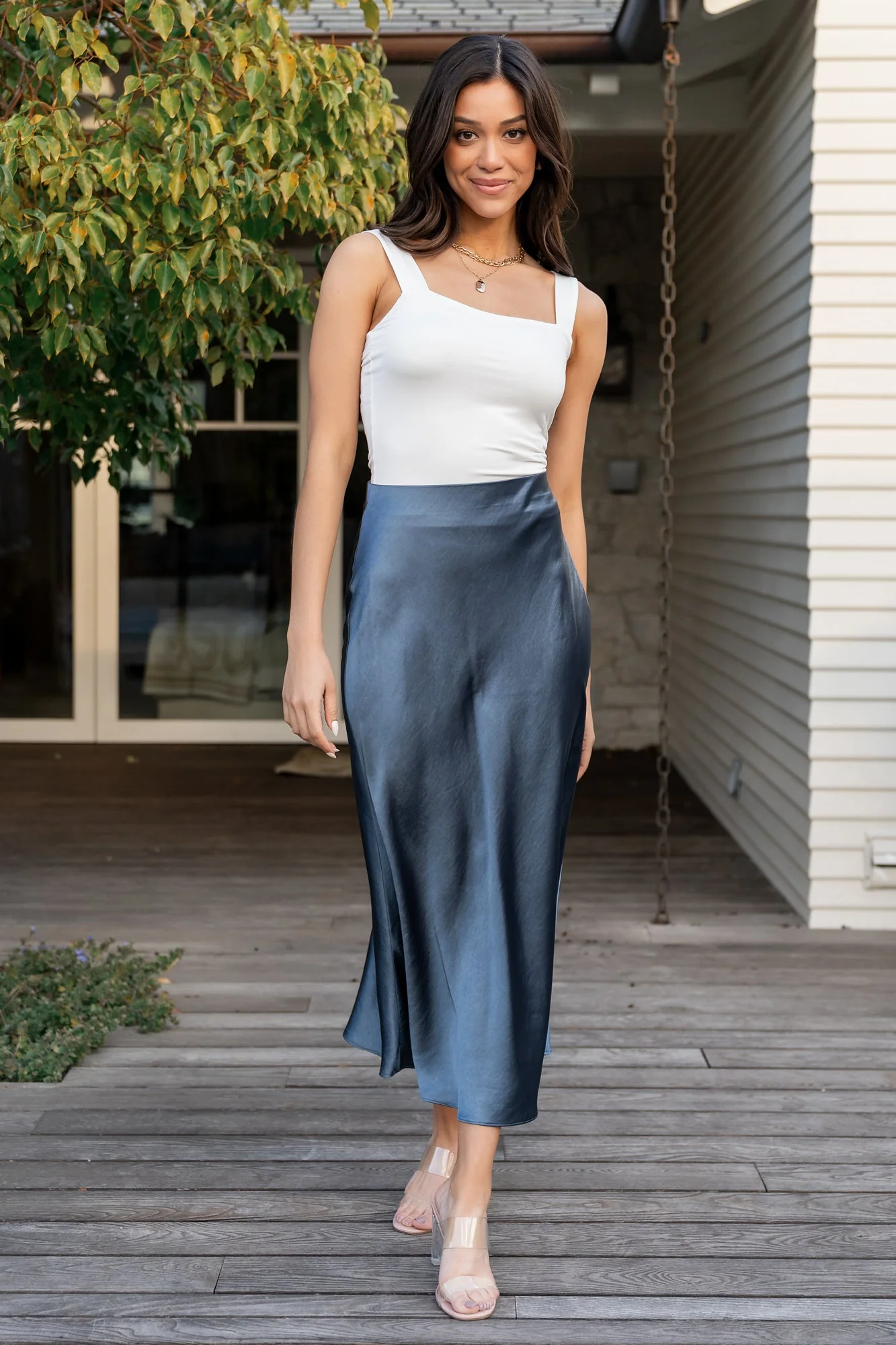 Celeste Satin Midi Skirt | Steel Blue - Jamouz