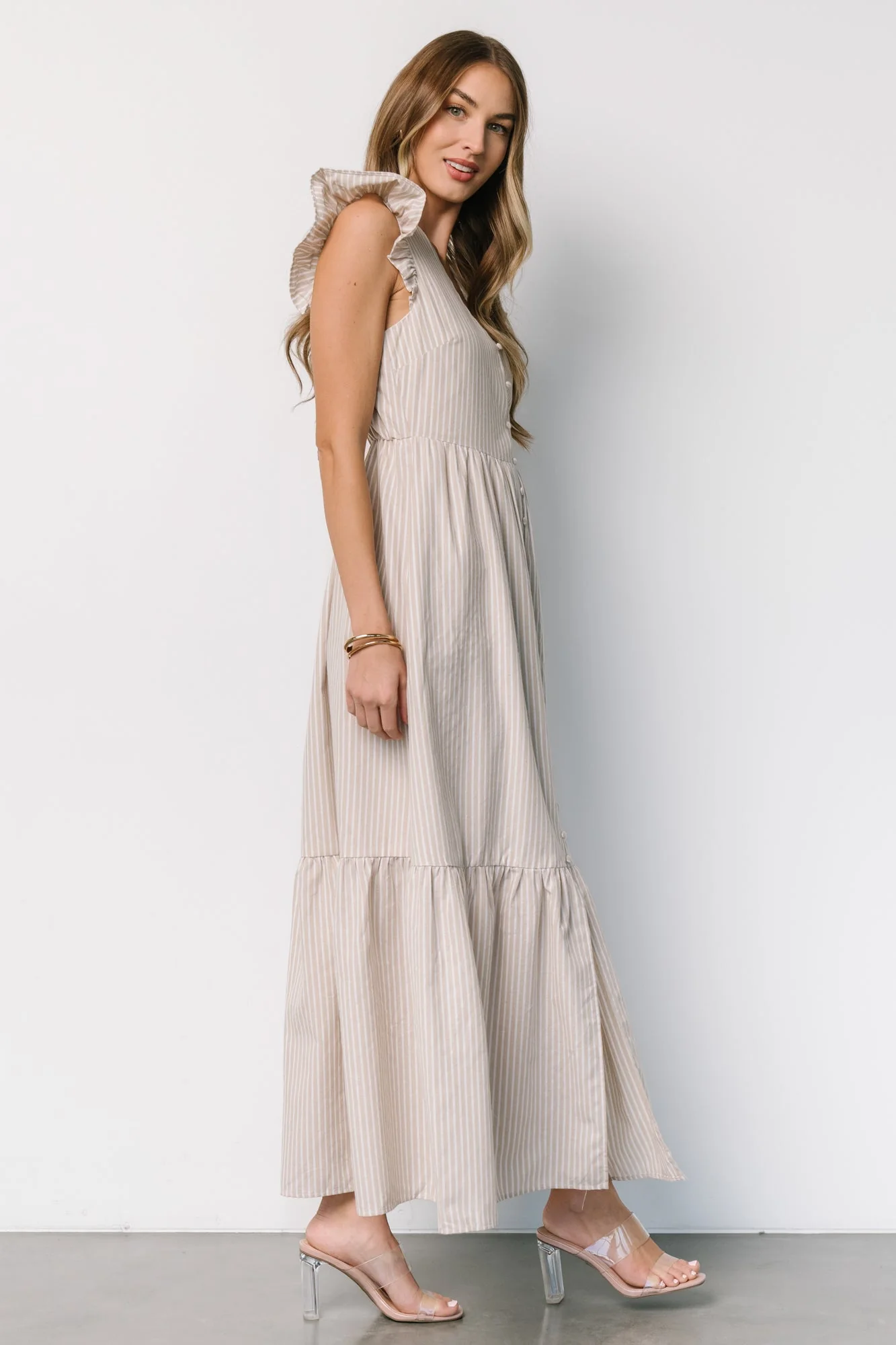 Hettie Button Maxi Dress | Beige Stripe - Jamouz