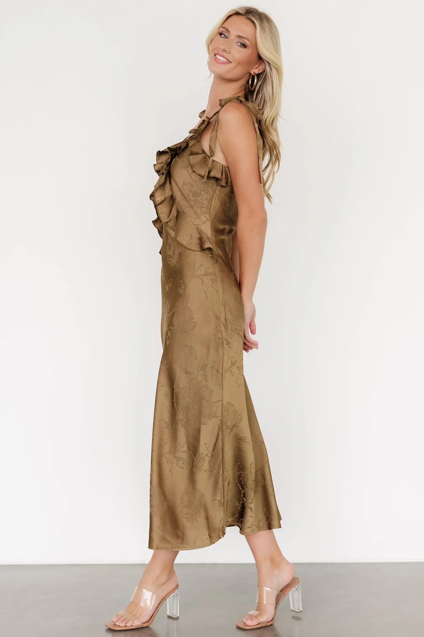 Gianni Satin Ruffle Dress | Olive - Jamouz