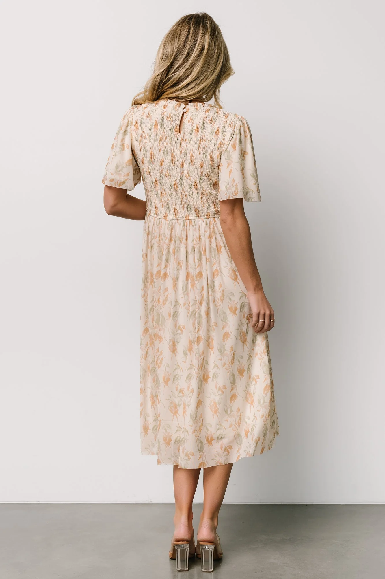 Bailey Smocked Midi Dress | Ivory + Golden Floral - Jamouz