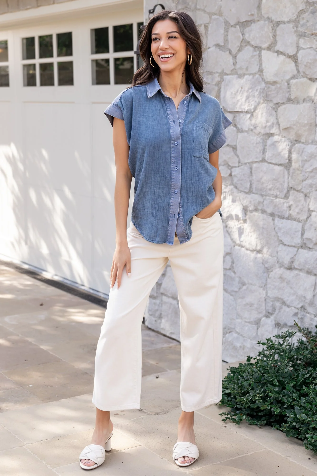 Jaye Button Top | Denim Blue - Jamouz