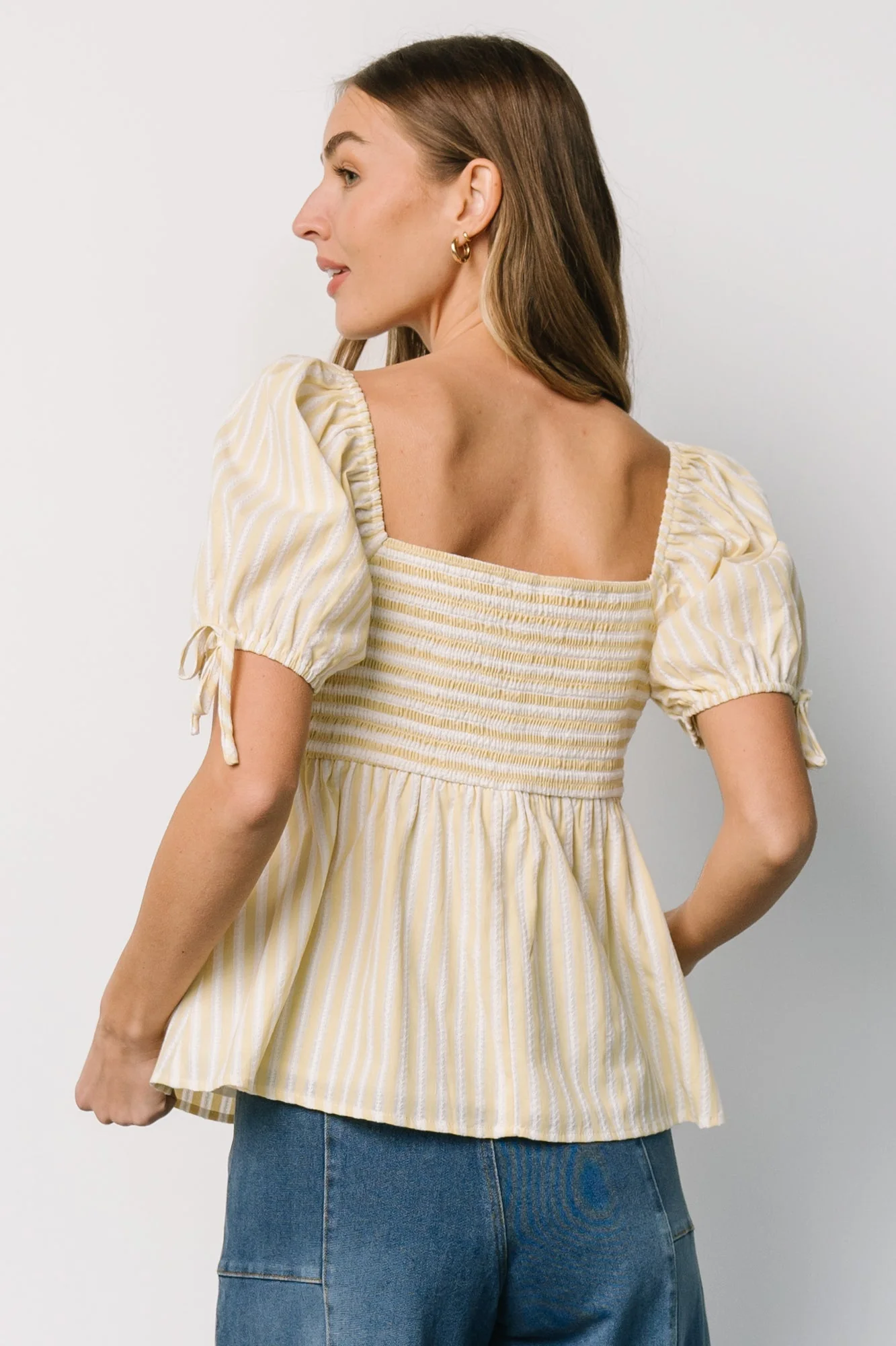 Betsy Peplum Top | Yellow + White Stripe - Jamouz