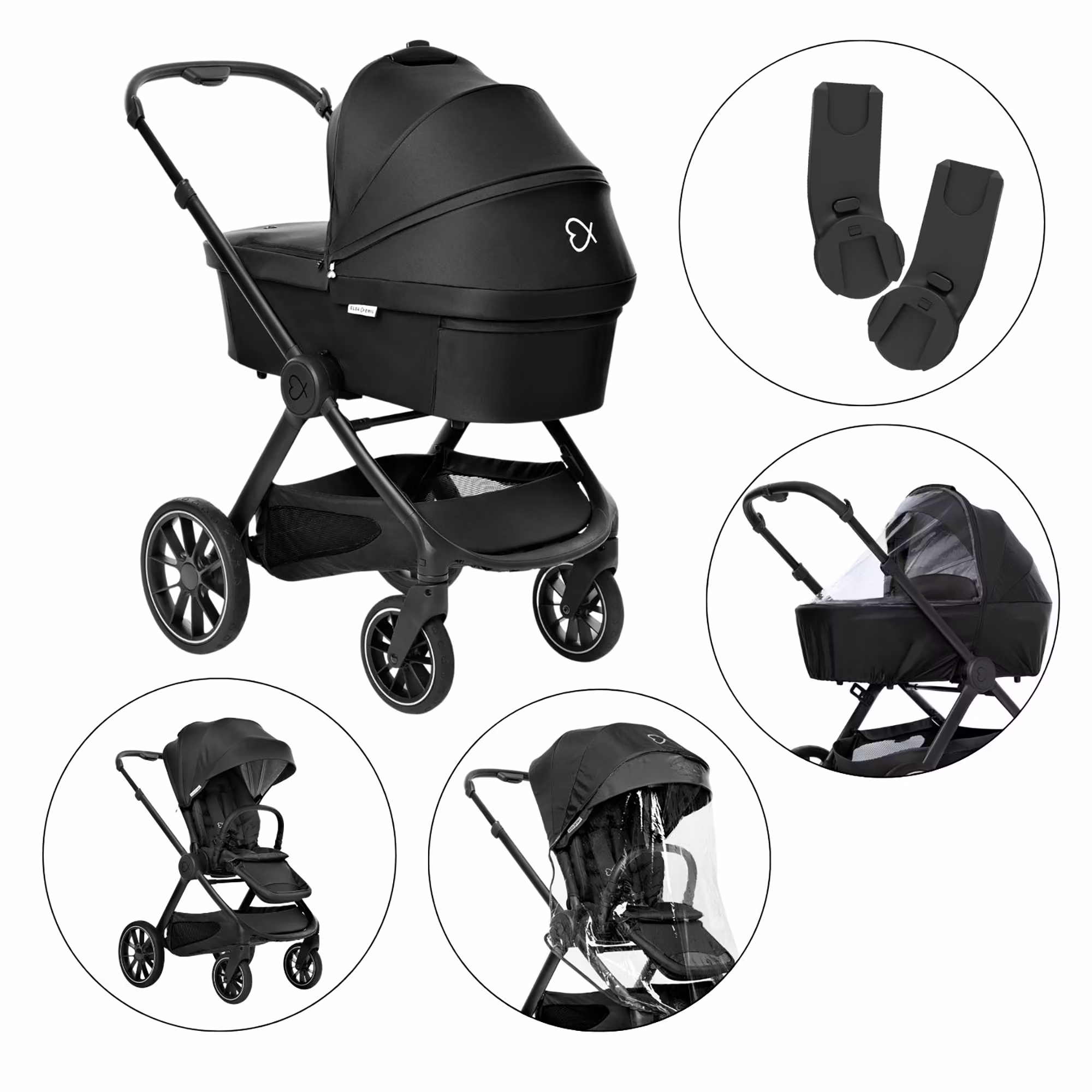 Set ELSA & EMIL Kinderwagen Krokodilgrün mit Regenverdeck für Babywanne / Sportsitz und Autositz-Adapter - Jamouz