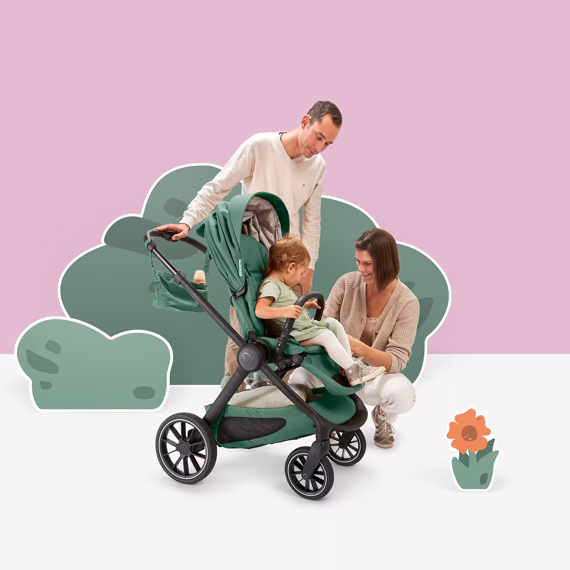 Set ELSA & EMIL Kinderwagen Krokodilgrün mit Organizer - Jamouz