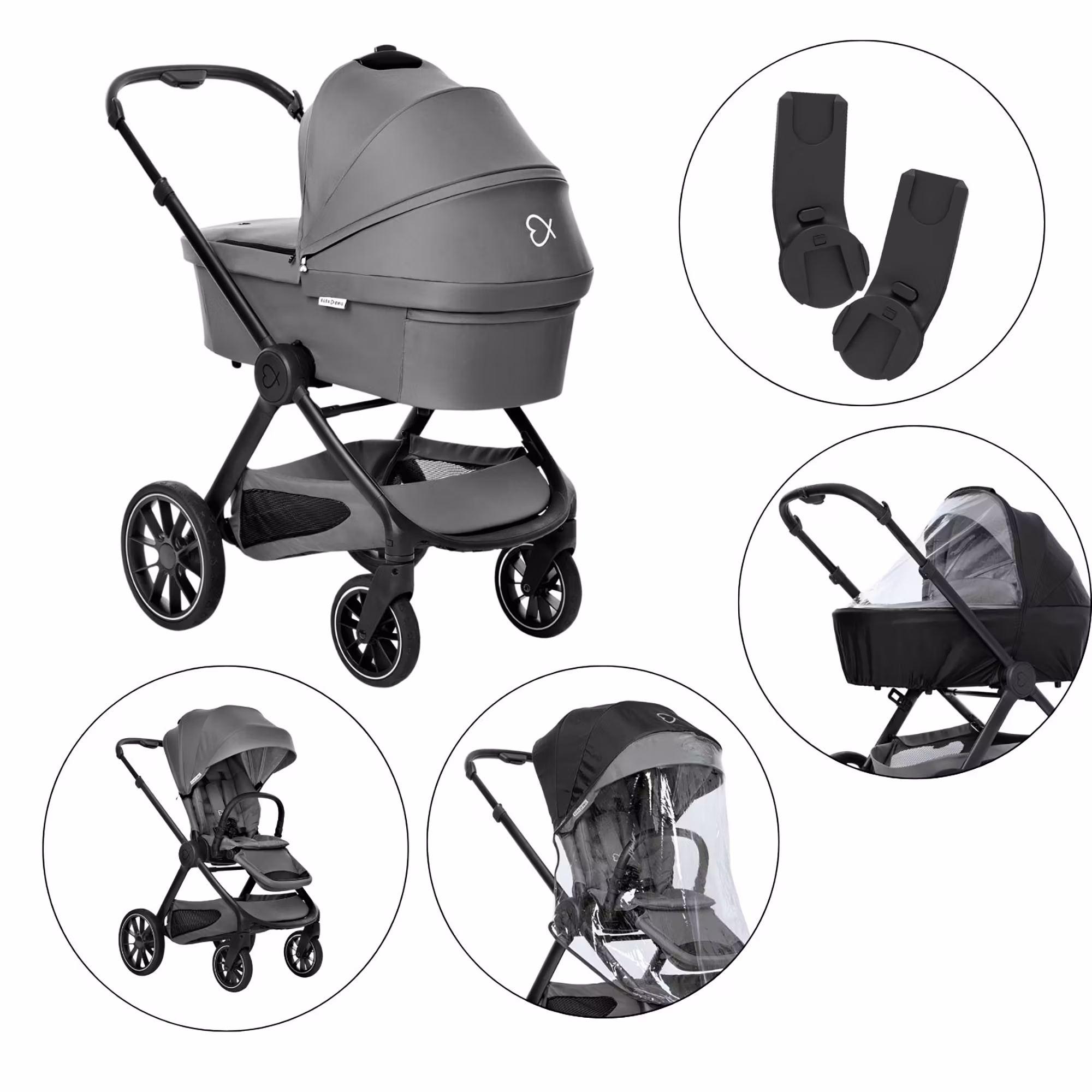 Set ELSA & EMIL Kinderwagen Krokodilgrün mit Regenverdeck für Babywanne / Sportsitz und Autositz-Adapter - Jamouz