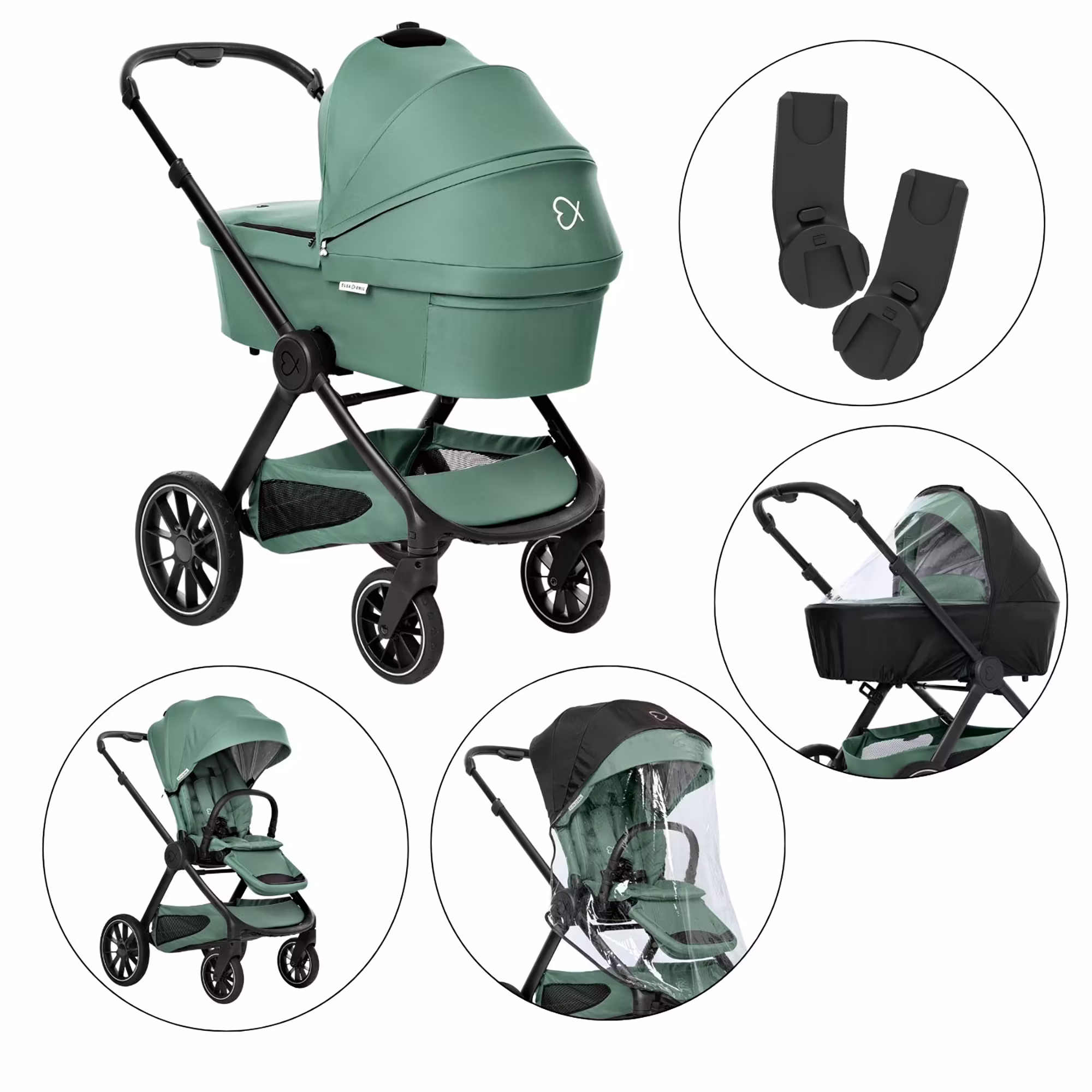 Set ELSA & EMIL Kinderwagen Krokodilgrün mit Regenverdeck für Babywanne / Sportsitz und Autositz-Adapter - Jamouz