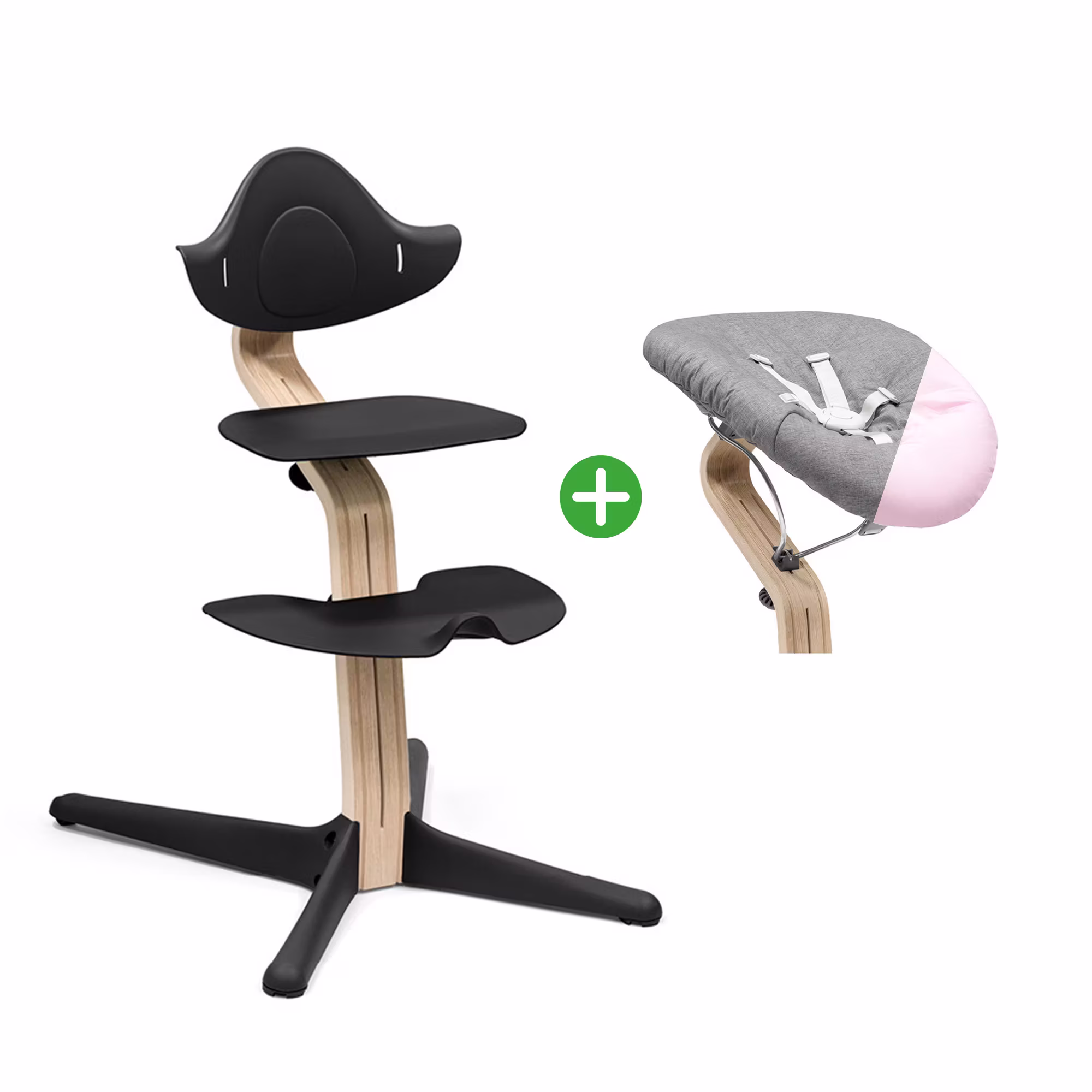 Set Nomi® Hochstuhl Buche Natural Black mit Newborn Set Black Grey/Blue - Jamouz