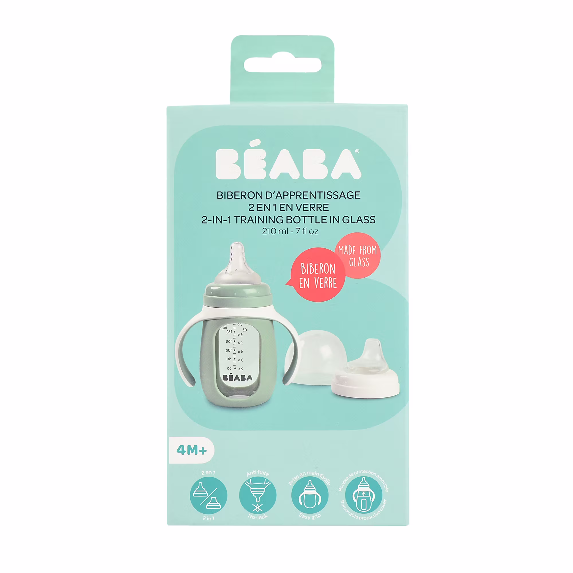 2-in-1 Glas-Trinklernflasche 210ml Salbeigrün - Jamouz