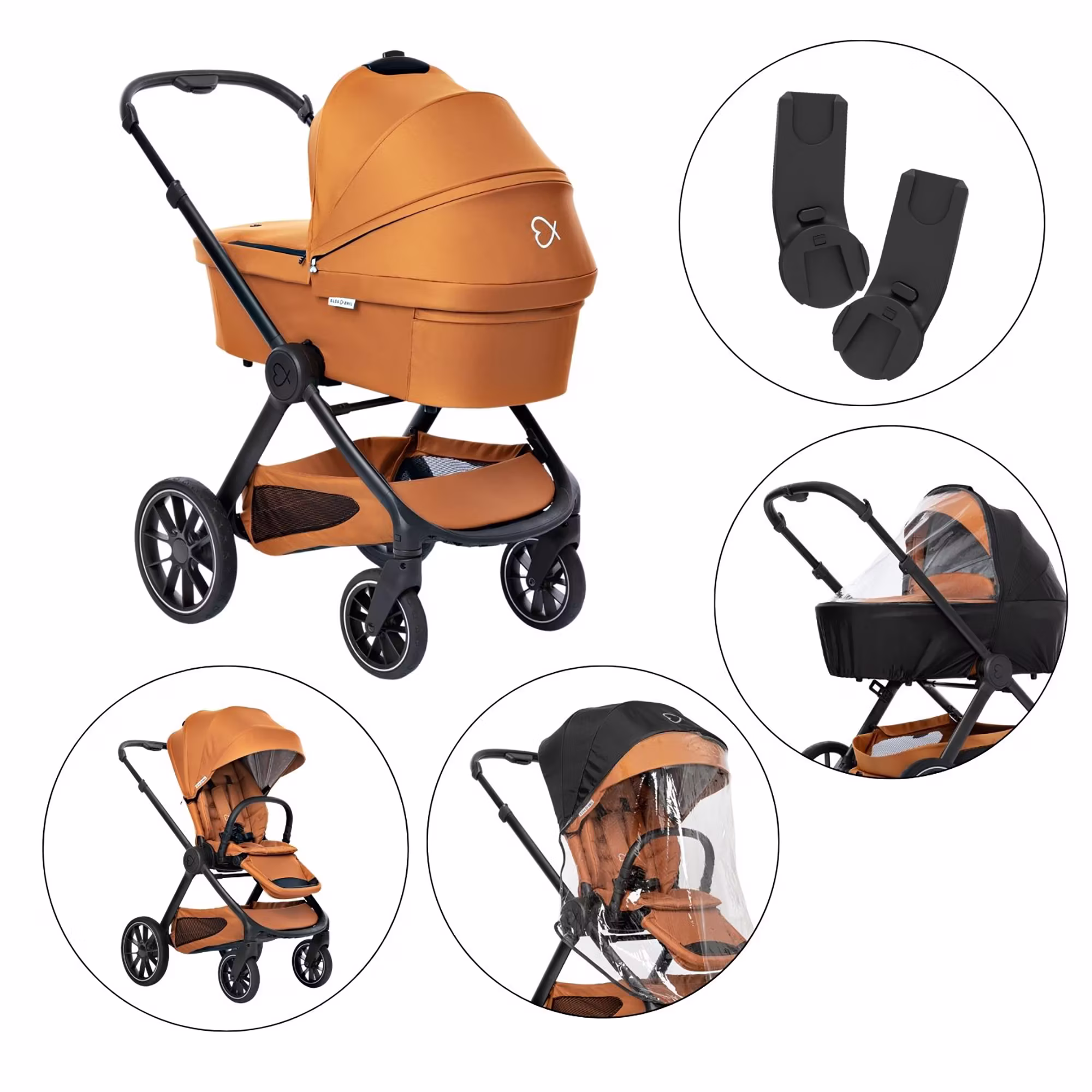 Set ELSA & EMIL Kinderwagen Krokodilgrün mit Regenverdeck für Babywanne / Sportsitz und Autositz-Adapter - Jamouz