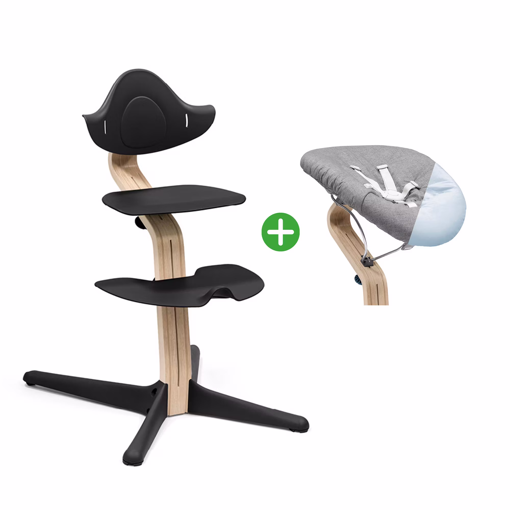 Set Nomi® Hochstuhl Buche Natural Black mit Newborn Set Black Grey/Blue - Jamouz