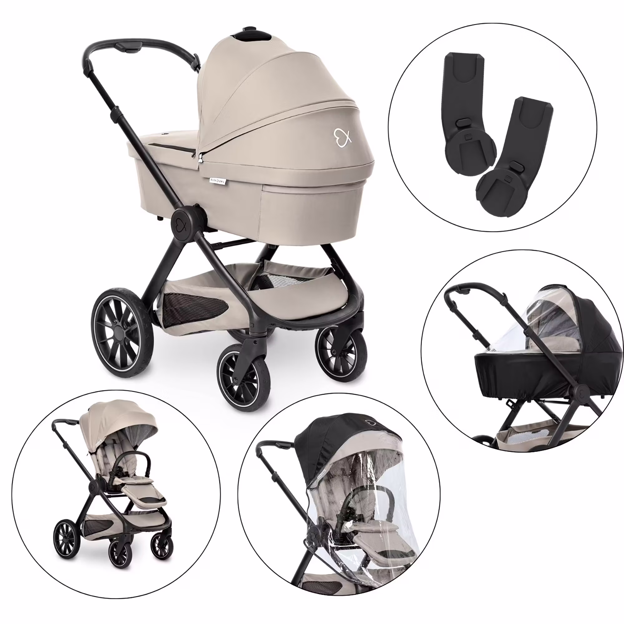 Set ELSA & EMIL Kinderwagen Krokodilgrün mit Regenverdeck für Babywanne / Sportsitz und Autositz-Adapter - Jamouz