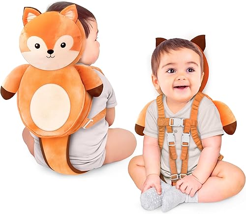 Baby Head Protector Backpack, 100% Cotton Non-Toxic Hypoallergenic Baby Backpack Head Protection Pillow, Full Head Coverage, Baby Head Pillow for Falling, Secure, Durable, Fox (Orange) - Jamouz