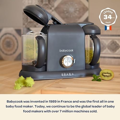 BEABA Babycook Duo 4 in 1 Baby Food Maker, Puree Steamer and Blender for Purees, Grinder with Auto Steam Cooking, Lrg 9.1 Cup Capacity, Makes 54 Servings in 20 Mins, Charcoal - Jamouz