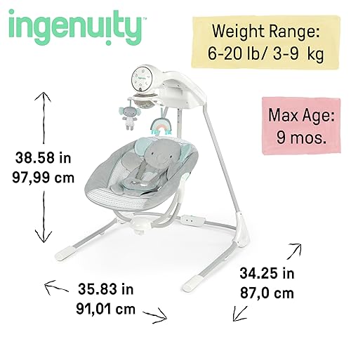 Ingenuity InLighten 5-Speed Baby Swing - Swivel Infant Seat, 5 Point Safety Harness, Nature Sounds, Lights - Nally Owl - Jamouz