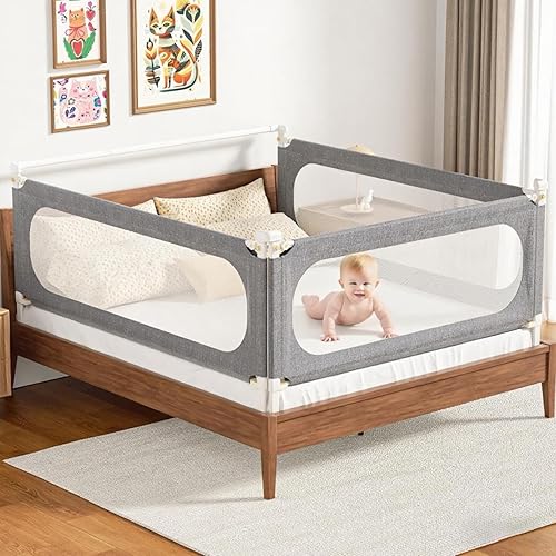 3-Piece King Size Bed Rails for Toddlers, with Headboard Rod -Height Adjustable Baby' Safety Bed Rails Guard for King Size Bed(3Pack 78.7'x78.7'x74.8'-Gary) - Jamouz