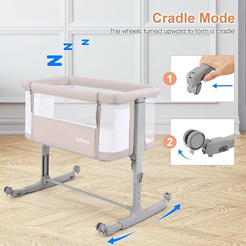 INFANS 3 in 1 Baby Bassinet, Bedside Sleeper for Newborn, Folding Crib with Mattress, Travel Bag, Wheels, 4-Sided Mesh, Easy to Assemble Cradle Co Sleeper Stationary, Rock (Dark Grey) - Jamouz
