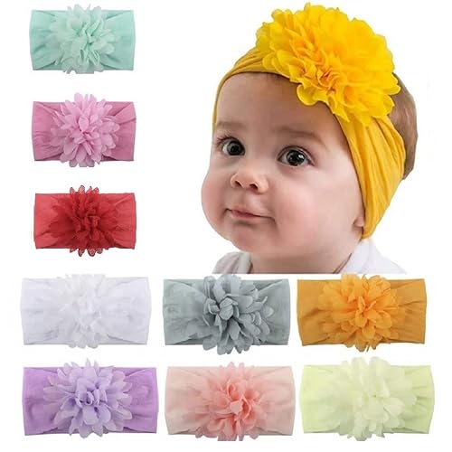 Baby Girls Nylon Headbands 9Pcs, Chiffon Flowers Newborn Infant Toddler Hairbands and Child Hair Accessories (Multicolored-9PCS) - Jamouz