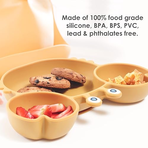 ROCCED Suction Plates for Baby, Silicone Plates with Suction Divided, Baby Spoon Fork Set for Toddler Baby Dishes Kids Plates and Utensils-Crab Dusty Blue - Jamouz
