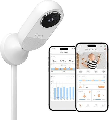 Cheego X3 Pro Smart Baby Monitor with Real-Time Contactless Breathing& Sleep Tracking, Cry& Face Cover Detection, Wall Mount& 2K Wi-Fi HD Video Camera and 2-Way Talk, Nightlight and Night Vision - Jamouz