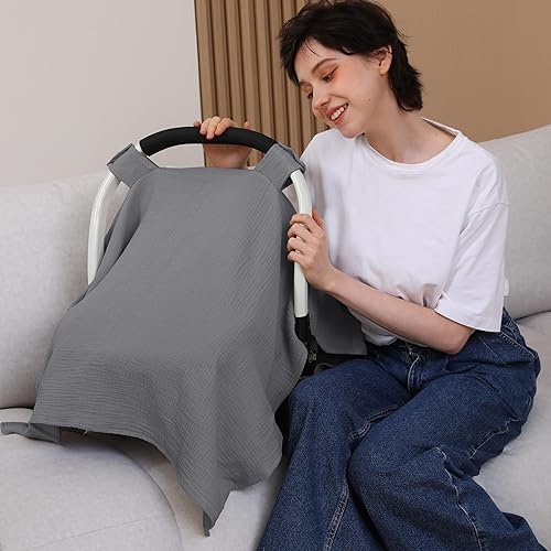 100% Muslin Cotton Car Seat Cover Baby, Carseat Canopy Cover, Universal Fit Stroller Covers for Boys and Girls (Roman Green) - Jamouz