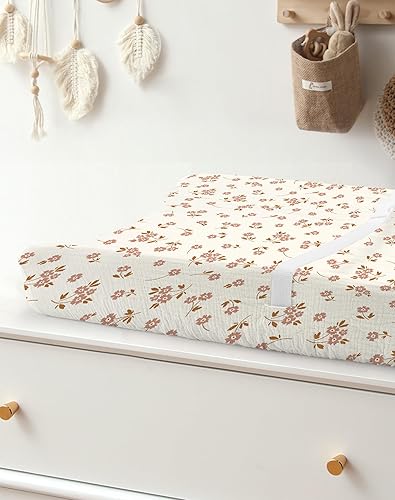 Changing Pad Cover for Baby Boy Girl 2 Pack, Muslin Changing Table Pad Covers with Boho Style, Neutral Nursery Bedding Essentials Soft and Breathable(Dusty Rose & Flower-A) - Jamouz