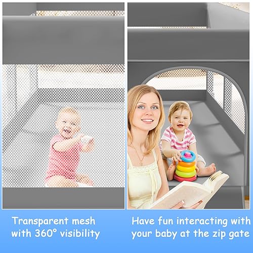 Baby Playpen with Mat 74x50 inch, Playpen for Babies and Toddlers, Baby Play Pen Design with External Zipper Gate, Baby Play Yard with Non-Slip Suction Cups on The Bottom, Baby Fence, Grey - Jamouz