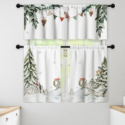 Watercolor Kitchen Curtains Nursery Christmas Woodland Border with Baby Animals Wild Forest Winter Valances for Windows Kitchen Curtains Tiers and Valances Set 3 Piece for Kitchen Windows - Jamouz