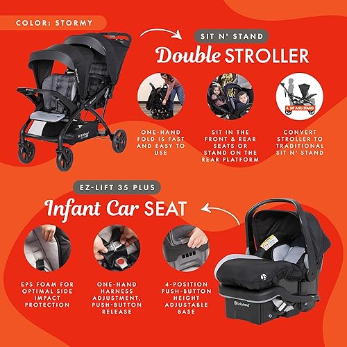 Baby Trend Double Stroller with 2 EZ-Lift Plus Infant Car Seats, Sit N' Stand, Stormy - Jamouz