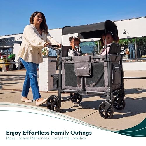 WONDERFOLD W2 Original + Stroller Wagon (2 Seater) - Collapsible Wagon Stroller with Seats with 5-Point Harnesses, Easy-Access Door, and Adjustable Sun Canopy, Black - Jamouz