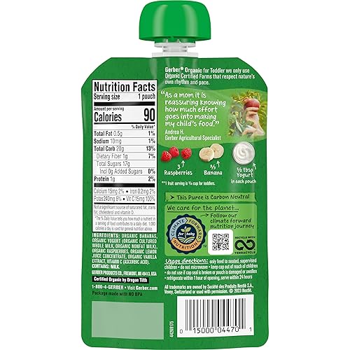 Gerber Organic Baby Food Pouches, Toddler, Banana Raspberry Yogurt Vanilla, 3.5 Ounce (Pack of 12) - Jamouz