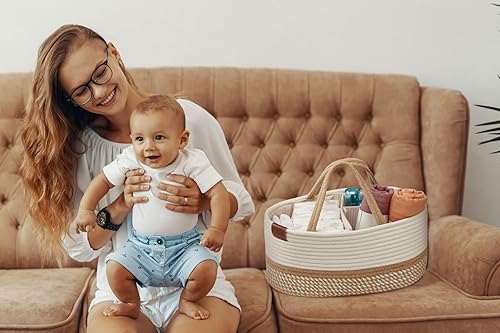 DECOMOMO Diaper Caddy Organizer, Nappy Caddy, Woven Baby Basket (Spiral Beige & White, Large) - Jamouz