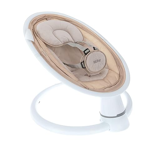 Nuby Baby Swing with Canopy and Remote - 5-Level Infant Swing with Soothing Sounds and Mobile App Control - 0-9 Months - Tan - Jamouz