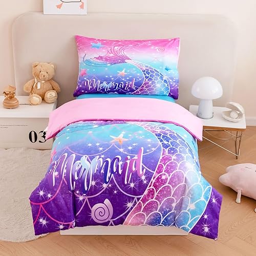 ZRNBAST Toddler Bedding Sets for Girls 4 Pcs Mermaid Tail Toddler Comforter Set Pink Turquoise Gradient Rainbow Colorful Toddler Bedding for Girl Bed, Pink Blue Fish Scale - Jamouz