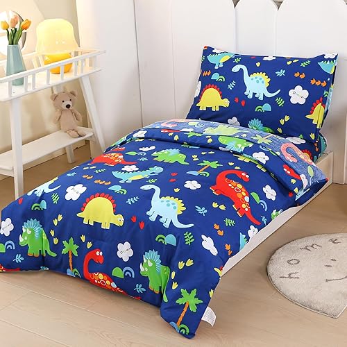 Wowelife Toddler Bedding Sets for Boys Premium 4 Piece Dinosaur Toddler Comforter Set Blue Grey Toddler Bed Set, Super Soft and Comfortable for Toddler(Dark Blue) - Jamouz