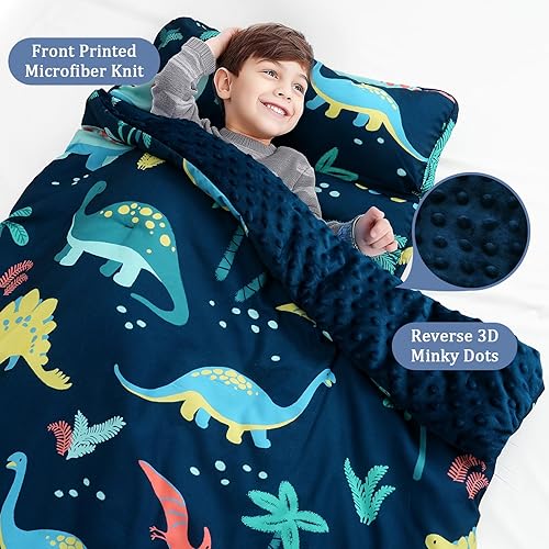 PHF Toddler Nap Mat with Removable Pillow and Minky Fleece Blanket, Rollup Design Warm Slumber Bags for Boys, 50'x20'x2' Kids Sleeping Bag for Daycare Preschool Travel Camping, Space - Jamouz