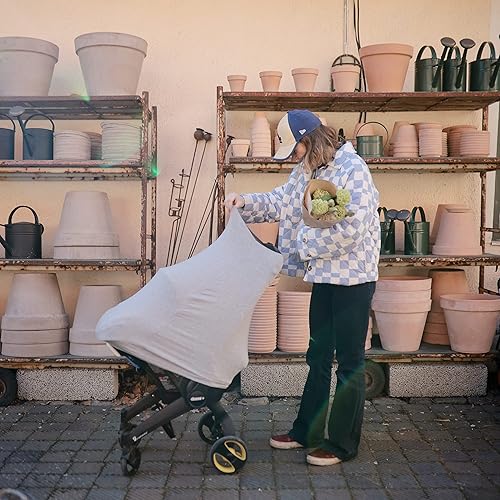 mushie Baby Car Seat Canopy Cover | Breathable & Stretchy Multi Use Cover for Breastfeeding, Nursing, High Chair, Shopping Cart, Strollers (Fog) - Jamouz