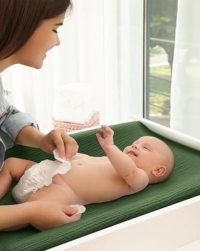 Blissful Diary Muslin Changing Pad Cover for Girls Boys, Ultra Soft Breathable Cotton, Baby Diaper Change Table Pad Covers, 2Pack (Roman Green&Leaf) - Jamouz