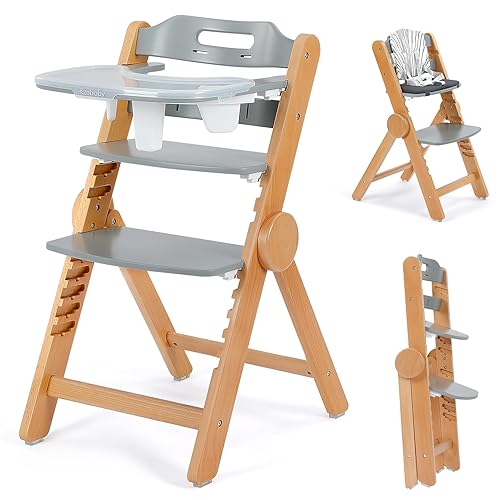 Ezebaby Wooden High Chair Grow with Your Child, Foldable Baby High Chair with Adjustable Seat and Footrest Heights, High Chair for Babies and Toddlers with Cushion and Large Double Layer Tray(White) - Jamouz