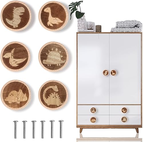 6 Pack Wooden Drawer Knobs(40MM/1.57'), Dinosaur Wooden Knobs for Nursery Room, Kids Dresser Knobs Cabinet Pulls Handles with 6 Screws - Jamouz