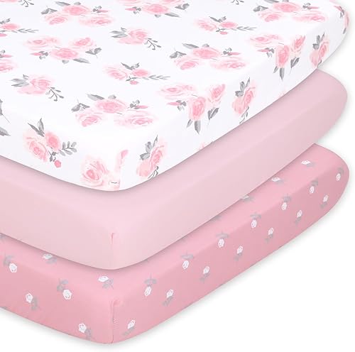 The Peanutshell 3-Pack Fitted Playard Sheets - Soft & Breathable Baby Girl Mini Crib Sheets, Pack N Play Mattress, Fits Standard Playard Pack Play Mattresses - Pink Roses & Ditsy - Jamouz