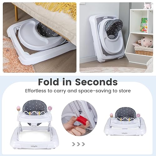 BABY JOY Baby Walker, Foldable Activity Walker Helper with Adjustable Height, Baby Activity Walker with High Back Padded Seat & Bear Toys (Gray, Star Pattern) - Jamouz