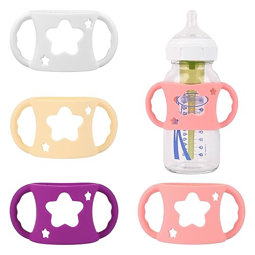 4 Pack Baby Bottle Handles, Silicone Bottle Handles for Dr Brown Wide-Neck Baby Bottles (White+Blue+Green+Grey) - Jamouz