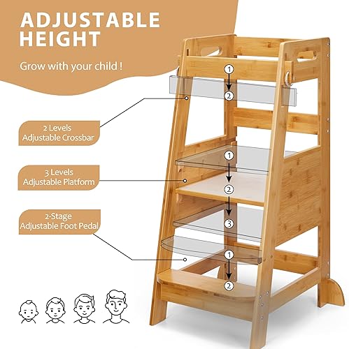TOETOL Bamboo Toddler Kitchen Step Stool White Helper Standing Tower Height Adjustable with Anti-Slip Protection for Kids Kitchen Counter Learning - Jamouz