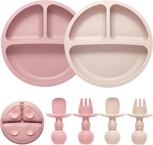 Silicone Feeding Set, 2 Pack Divided Toddler Plates with Suction, 2 Pack Utensils - Spoons & Forks, BPA Free, Baby Led Weaning Supplies - Jamouz